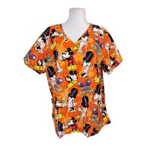 Disney Women's XL Scrub Top Halloween Mickey Minnie Mouse Frankenstein